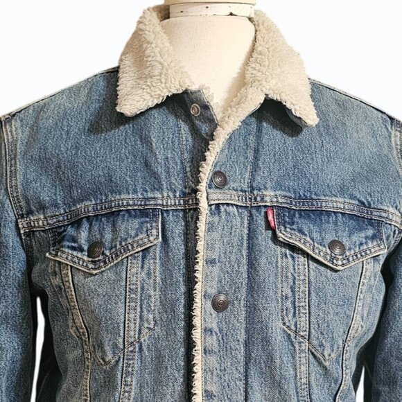 Levis Mens Sherpa-Lined Denim Trucker Jacket Blue Medium Warm Casual Outerwear - Picture 3 of 15